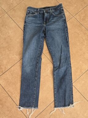 J Brand Medium Blue Straight Leg Jeans with Frayed Hem
